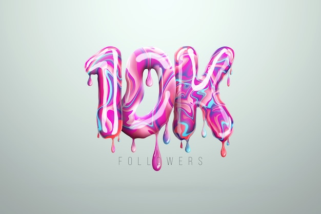 10 mil seguidores firman en forma de deliciosos dulces, dulces derretidos. Gracias fondo creativo de 10,000 seguidores. Diseño moderno, plantilla abstracta, cartel, folleto. Ilustración 3D, renderizado 3D.