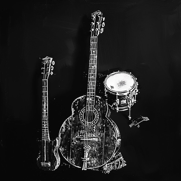 10h Fondo totalmente negro con una discreta marca de agua blanca de cavaquinho banjo guitarra tamborín