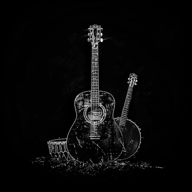 10h Fondo totalmente negro con una discreta marca de agua blanca de cavaquinho banjo guitarra tamborín