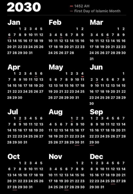 Foto 12 mes calendario para 2030 domingo comienzo blanco y negro