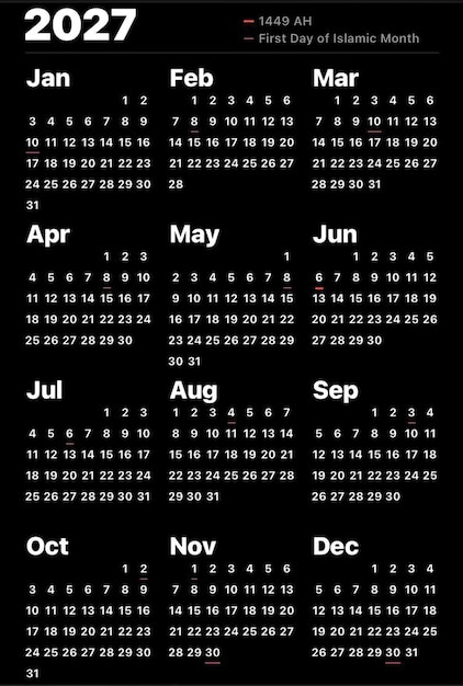 12 mês Calendário para 2027 Domingo Começo Branco e preto