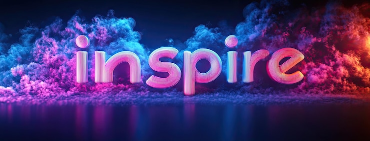 Foto 12d representación de la palabra inspirar en colorido diseño dinámico establecido contra un fondo de gradiente oscuro con iluminación suave y baja y sombras nítidas capturadas con alta resolución y enfoque agudo