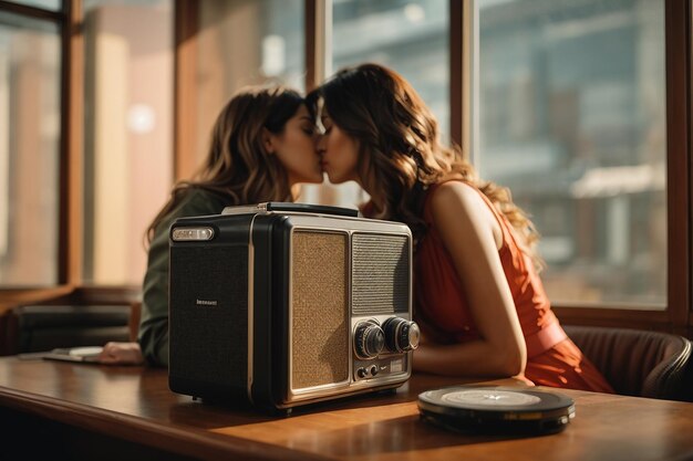 Foto 13 de febrero de 2024 escuchando voces que celebran a las mujeres y selladas con un beso en el día mundial de la radio día nacional de la mujer y día del beso