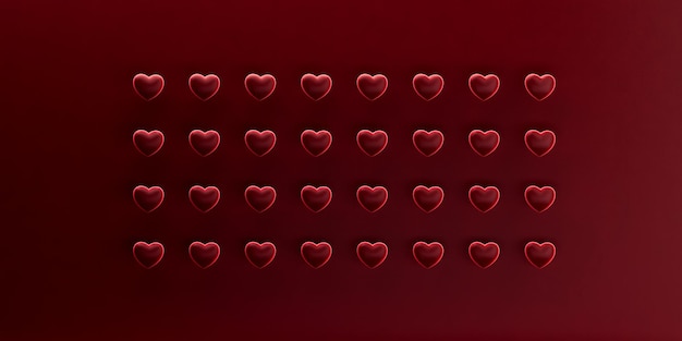 14 de fevereiro renderização em 3d. Banner longo com padrão de corações. Estilo monocromático vermelho escuro minimalista. Espaço para texto. Ilustração de dia dos namorados. Levitando formas voadoras