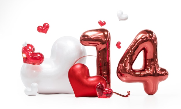 14. Februar Schöne Herzen auf weißem Hintergrund für einen fröhlichen Valentinstag, 3D-Rendering.