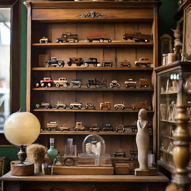 14 Presenta una tabla de madera contra una tienda de antigüedades desfocada llena de artículos antiguos AI