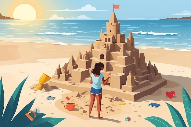 14 Projetar um vetor de uma pessoa construindo um castelo de areia autônomo na praia