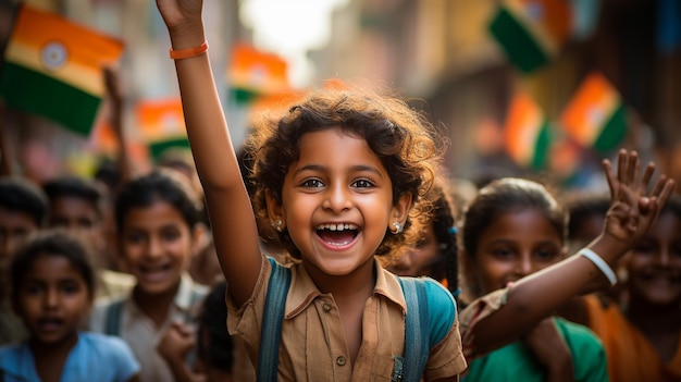 15 de agosto Día de la Independencia de la India Lindo niño de nacionalidad india contra el fondo de tricolor f