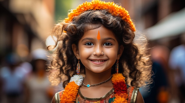 15 de agosto Dia da Independência da Índia Filho bonito de nacionalidade indiana contra o fundo do tricolor f