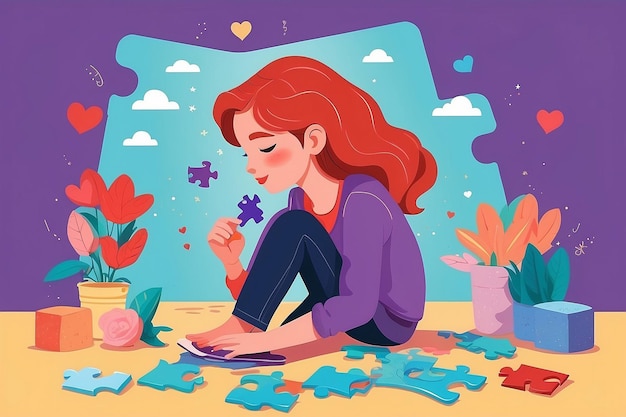 16 Ilustrar alguém construindo um quebra-cabeça de auto-amor com peças de auto-aceitamento