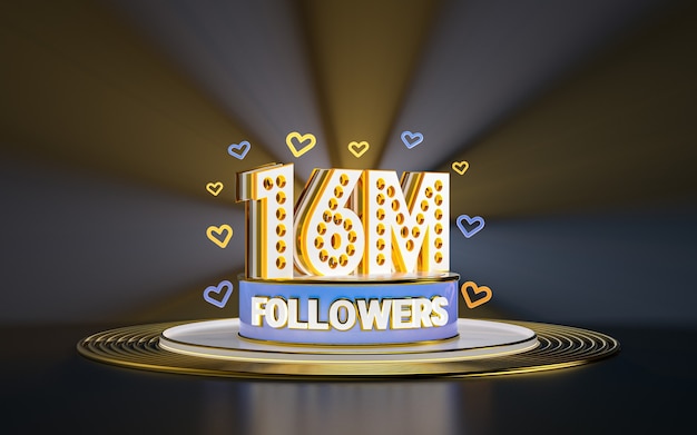 16-Millionen-Follower-Feier danke Social-Media-Banner mit Spotlight-Goldhintergrund 3d