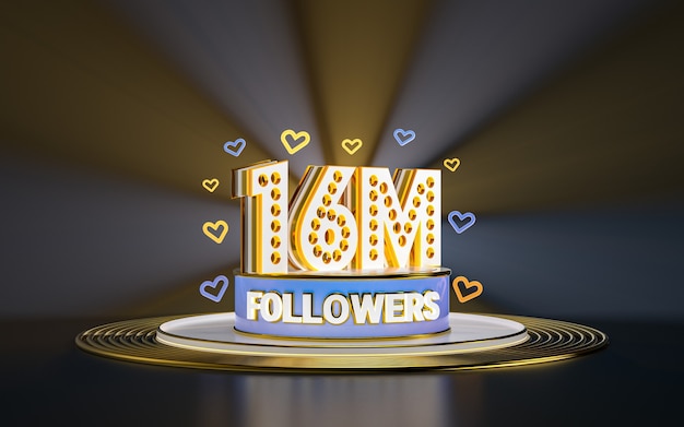 16-Millionen-Follower-Feier danke Social-Media-Banner mit Spotlight-Goldhintergrund 3d