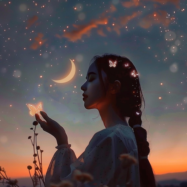 17h Una chica con mariposas brillantes en la mano la luna y las estrellas brillando brillantemente por encima de ella