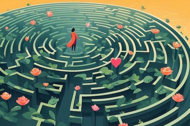 18 Entwerfen Sie einen Vektor einer Person, die in einem Labyrinth des Selbstliebeswachstums navigiert