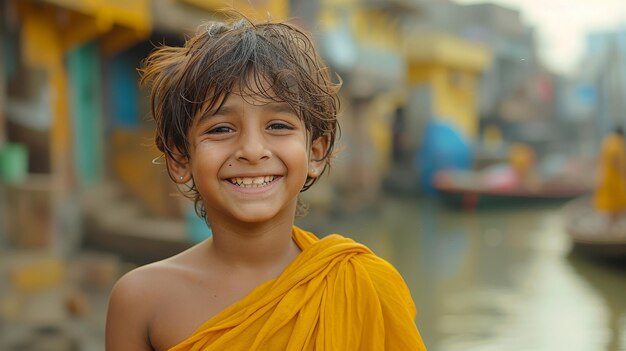 El 19 de octubre en Agra, India, es un retrato de un niño pobre indio sonriente.