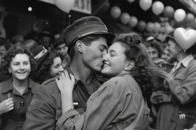 1945 Celebração da Vitória Soldados Reunião emocional com enfermeira namorada Capturada em momentos comoventes da multidão