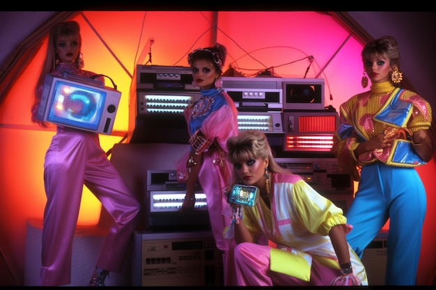 1980er Jahre Hochglanzmode 80er Jahre Retro 1980er Jahre stylische Neonfarben Beliebte Straßenmode 8039er bunte Kleidung mit großen Haaren Teenager gekleidet Ära der Discomusik Generative KI