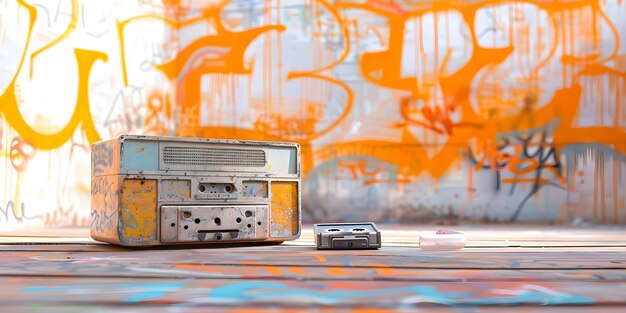 1980s Boombox em sala coberta de graffiti Design vintage com gravador de fita cassete Conceito Retro Design Vintage 1980s Boom Box Graffiti Cassete Tape Recorder