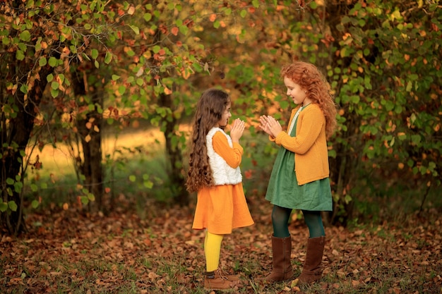 2 alegres chicas morenas y pelirrojas a pasear por el parque de otoño.