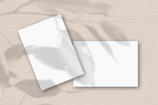2 Blatt weißes strukturiertes Papier gegen eine Pfirsichwand. Modell mit einer Überlagerung von Pflanzenschatten. Natürliches Licht wirft Schatten von einer exotischen Pflanze. Flache Lage, Ansicht von oben. Horizontale Ausrichtung.