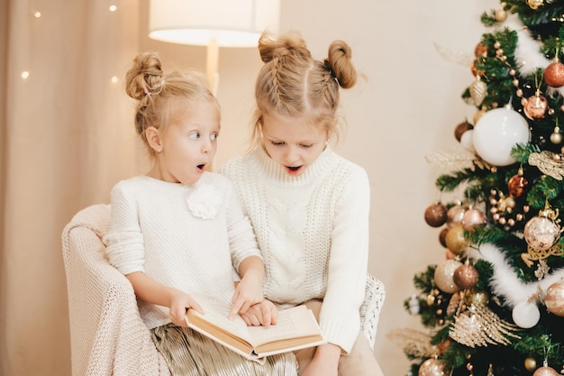 2 blonde Mädchen sitzen auf einem Sessel am Weihnachtsbaum und lesen ein Buch gemütliche Abende mit einem Buch am Baum Das Überraschungsgefühl bei Kindern