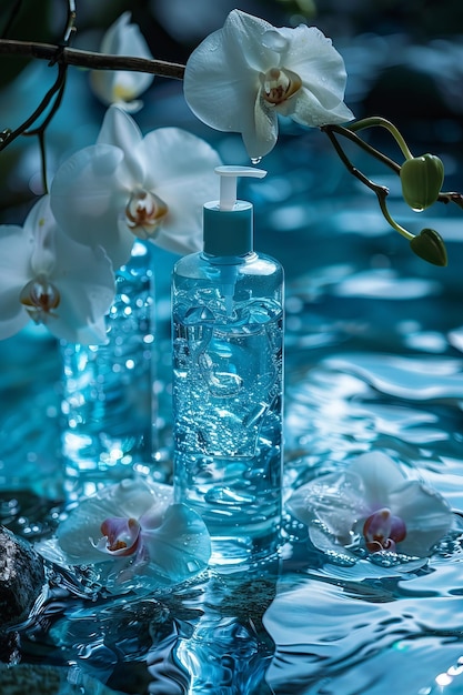 2 botellas de productos para el cuidado de la piel en una superficie de agua con tono azul orquídea blanco