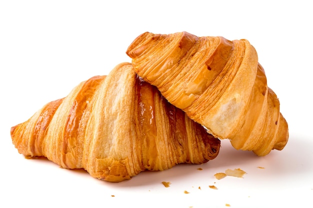 Foto 2 croissants aislados en un fondo blanco. desayuno, merienda o panadería.