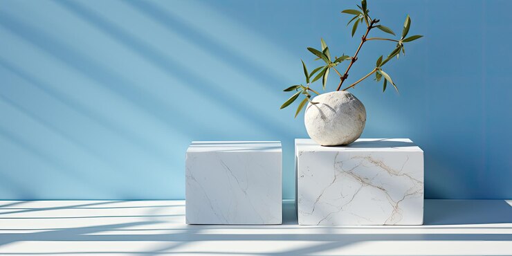 2 cubos blancos vacíos establecidos por una pared azul claro naturalista luz y sombra escultura de mármol arquitecto