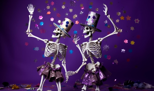 2 esqueletos bailando en una fiesta con sombreros de fiesta y confeti cayendo