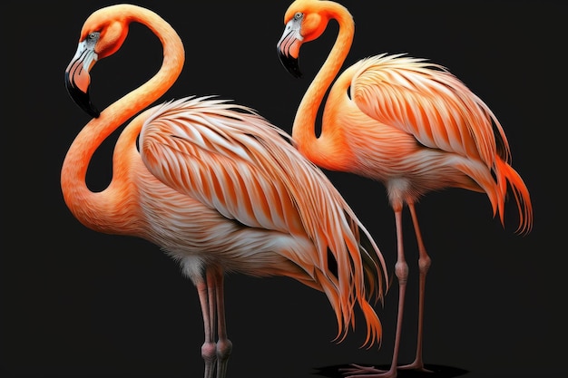 2 flamencos en naranja sobre fondo negro