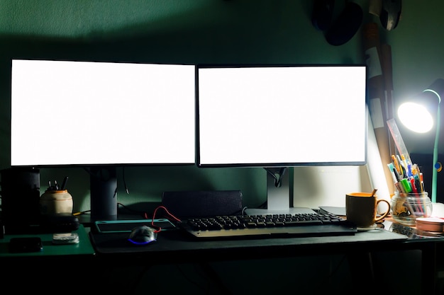 2 monitores de computador na mesa à noite