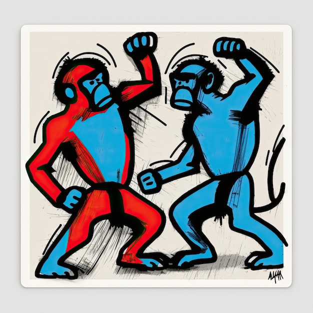 2 monos lucha Basquiat estilo pegatina graffiti diseño tatuaje expresionismo clipart vector plano