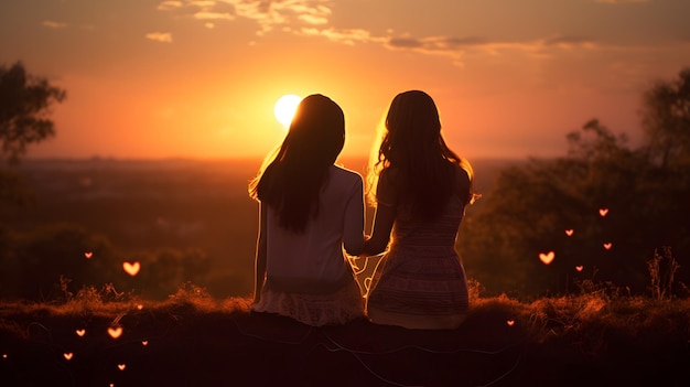 2 niñas sentadas viendo la puesta de sol en la parte trasera tomada desde atrás