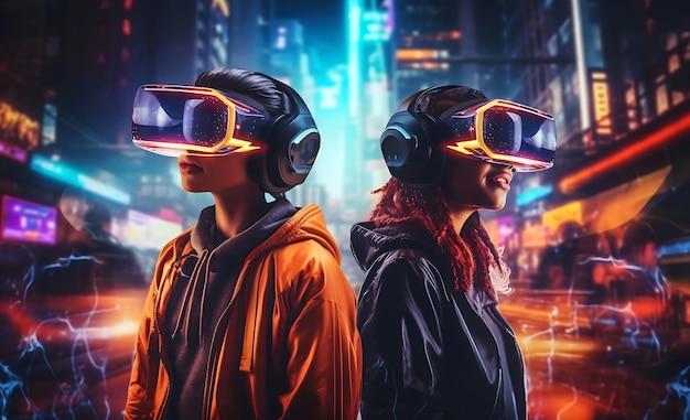 2 personas que usan auriculares vr miran algo hacia abajo