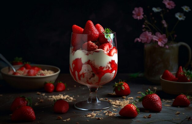 2 platos de vaso con postres de fresa generativos ai