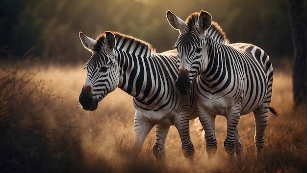 2 zebras filmadas com uma lente longa abertura com bonito bokeh e bela arte generativa ai