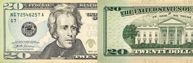 20-Dollar-Schein, Hintergrund mit zwei Seiten, Bannerfoto. US-Geld, amerikanisches Bargeld