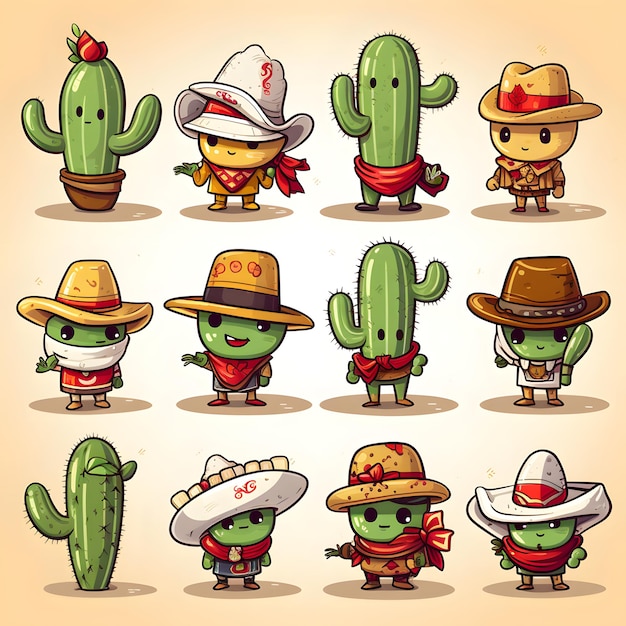 20 eigenständige Illustrationen süßer Kakteen mit Sombrero-Kopftuch und Waffen-Comic-Stil