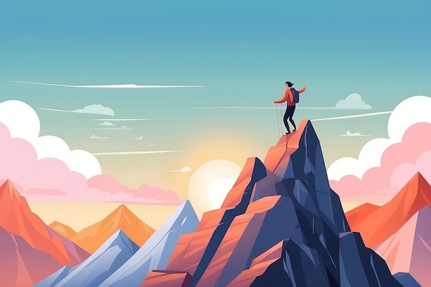 20 Ilustrar a una persona escalando una montaña de retos de amor propio Ilustración vectorial en estilo plano