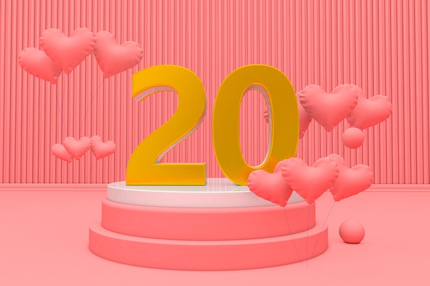 20 número vinte no pódio de exibição com lareira de balão celebram a renderização em 3d
