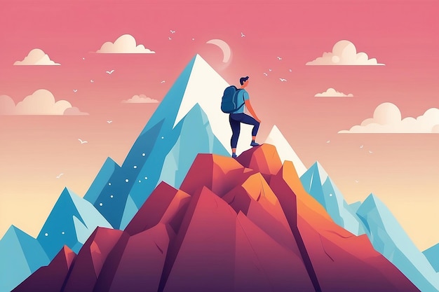 20 Veranschaulichen Sie eine Person, die einen Berg der Herausforderungen der Selbstliebe besteigtVektorillustration im flachen Stil