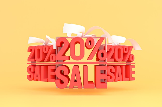 20% Verkauf mit Schleife und Band 3D-Design auf leerem Hintergrund