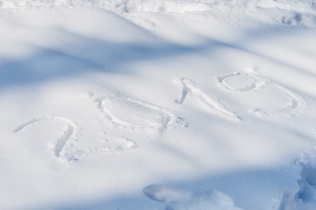 2019 escrito en la nieve. Feliz año nuevo. Soleado día de invierno.