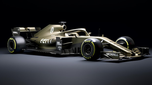 2019 F1 Car Oro Fórmula Car con conductor en el fondo caqui