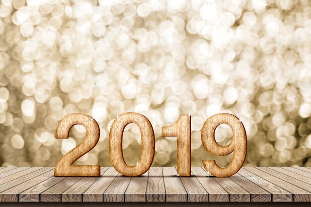 2019 feliz año nuevo de madera en mesa de madera con brillante pared bokeh de oro