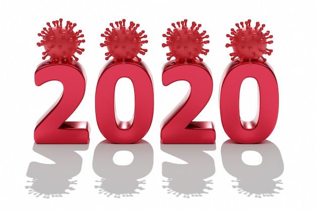 2020 es el año del coronavirus. Dígito 2020 con virus. Representación 3d