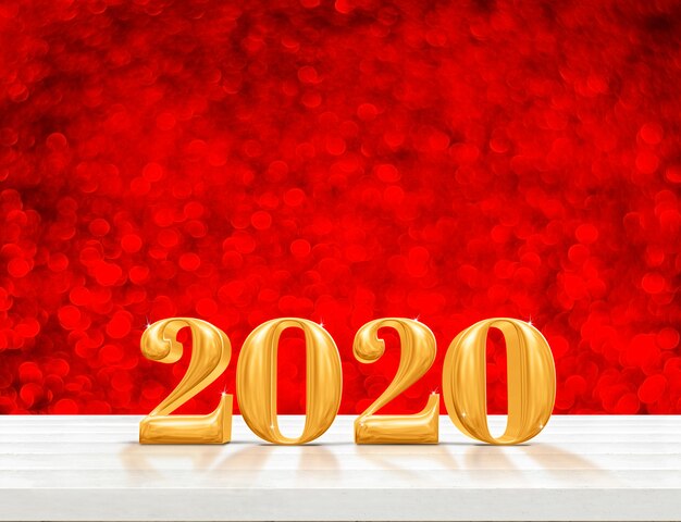 2020 madeira de feliz ano novo (renderização 3d) na mesa de madeira branca com parede de bokeh ouro cintilante