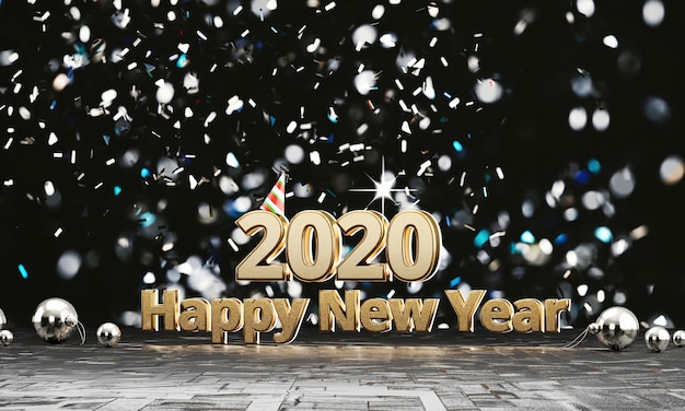 2020 textos de oro feliz año nuevo con luz de fondo bokeh, 3D rendering.