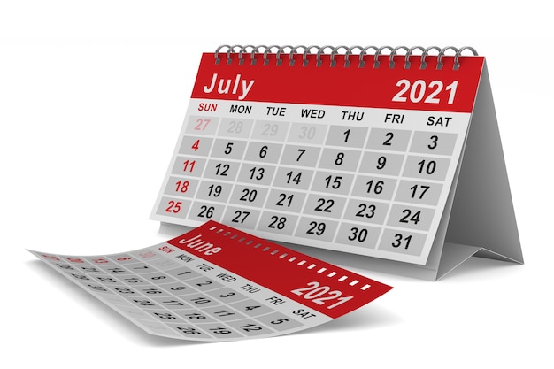 2021 año. Calendario de julio. Ilustración 3D aislada