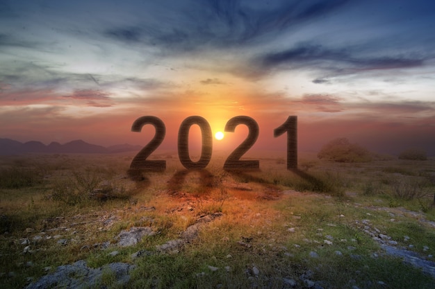 2021 en el campo con un cielo de amanecer. Feliz año nuevo 2021